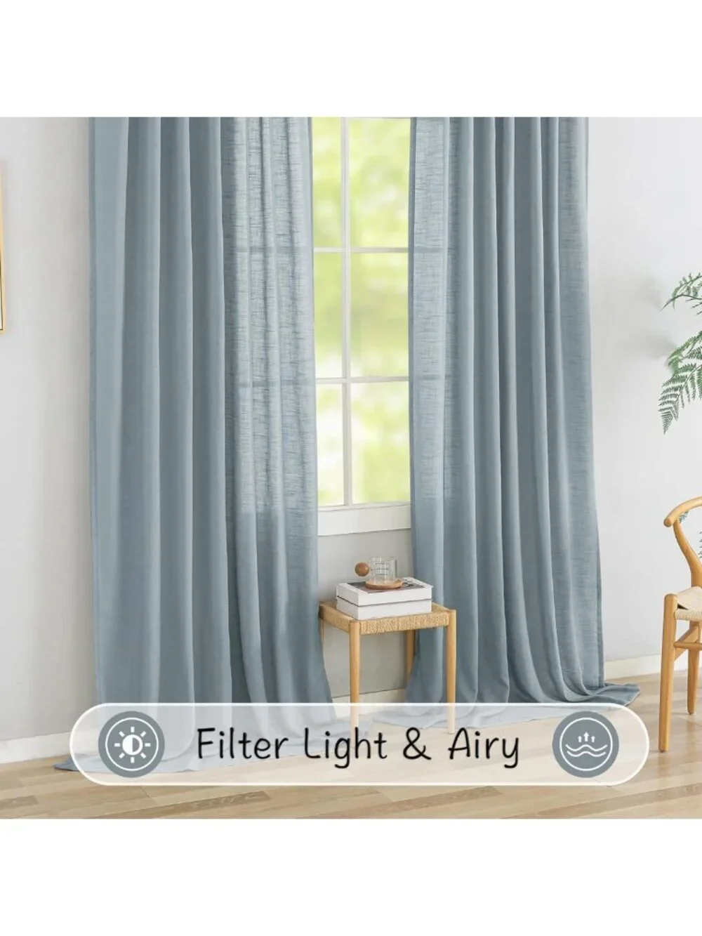 Stone Blue Linen Back Tab Curtains 96” Long - 2 Panel Set, Light Filtering, Easy